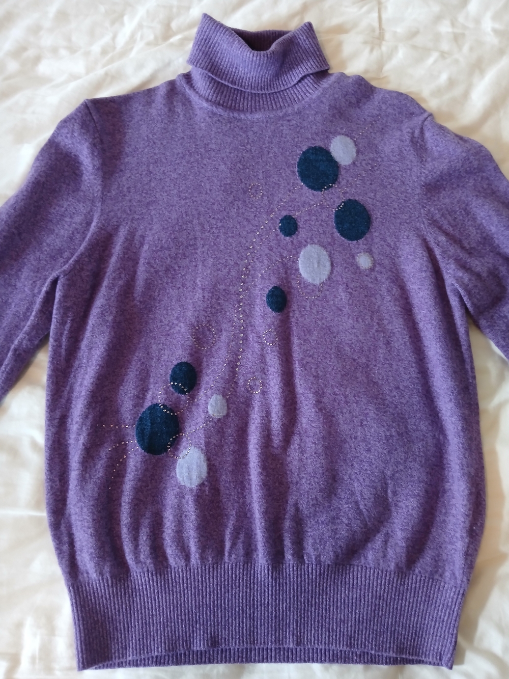 Wool And Cashmere Purple Turtleneck Sweater with Decorative Dot Detail